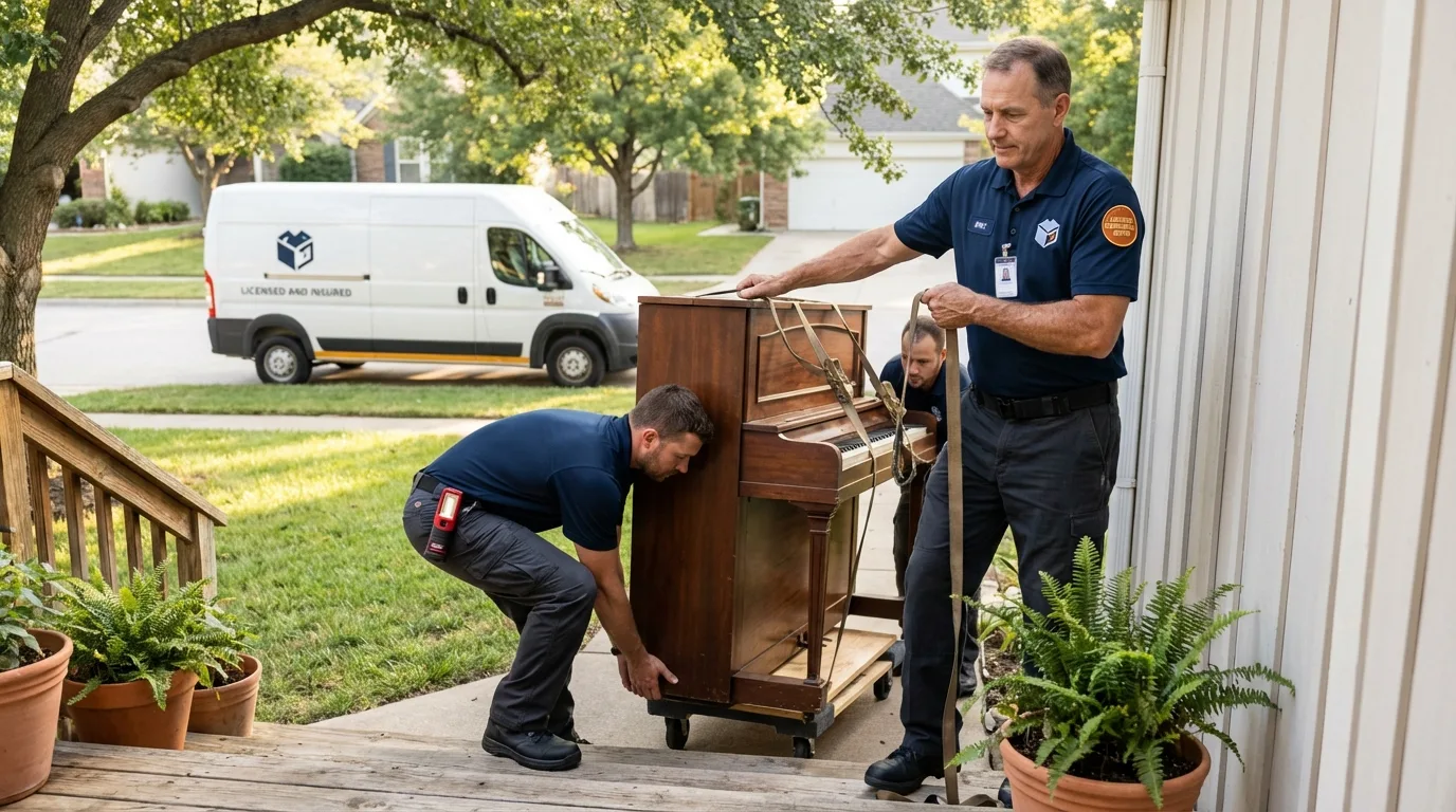 Licensed piano movers securing grand piano in Amelia Court House, VA
