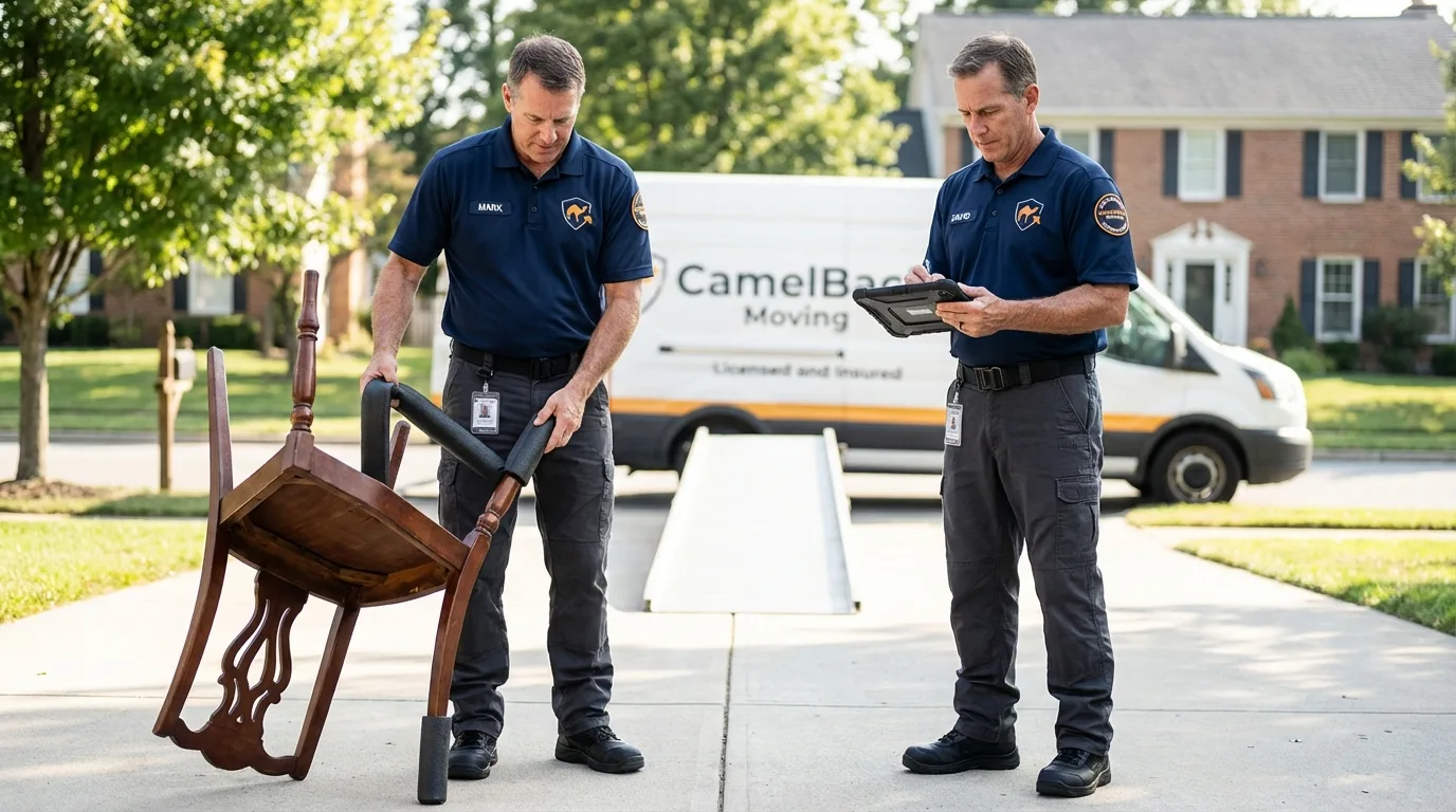 Movers inspecting furniture for damage prevention before loading in Amelia Court House, VA