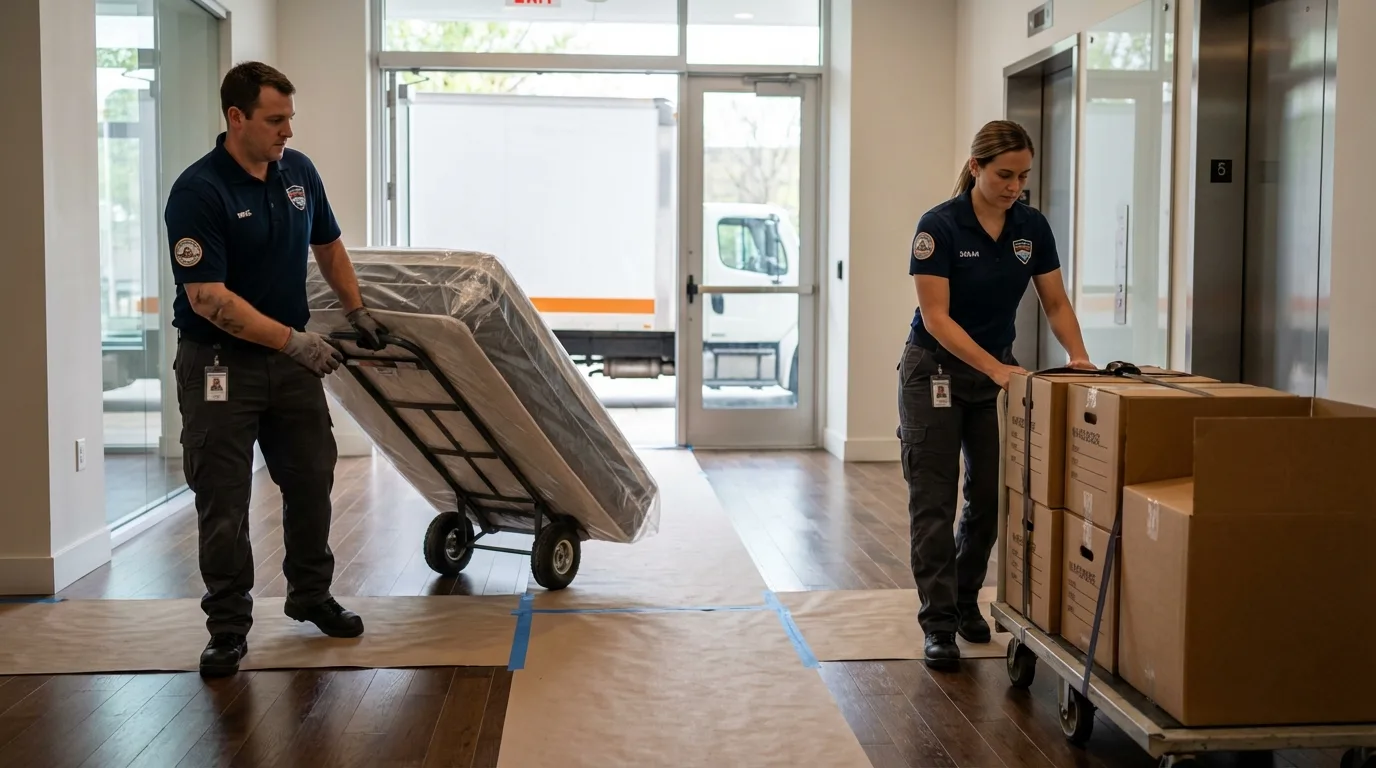 Professional apartment movers loading elevator in Amelia Court House, VA