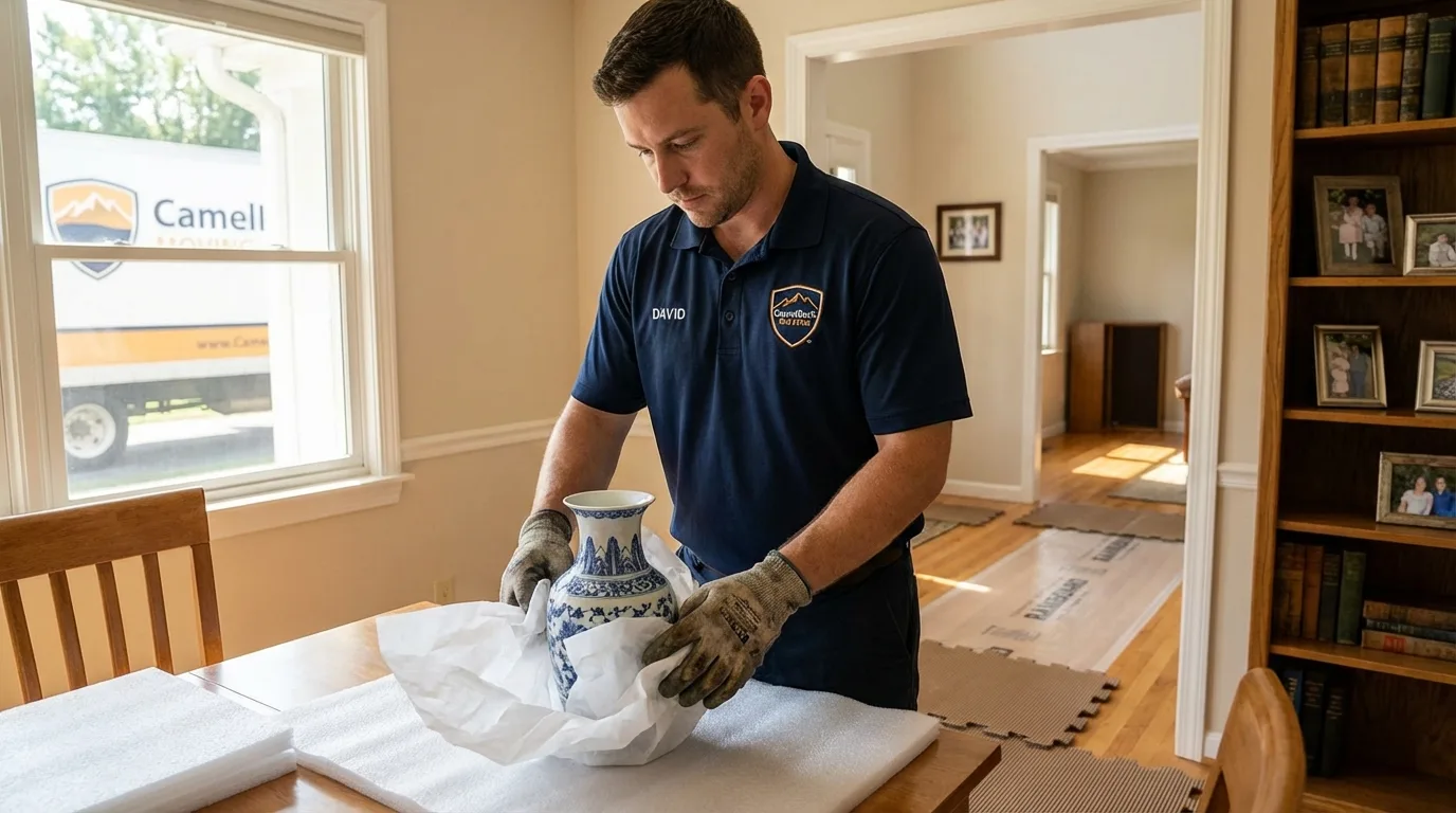 Professional crew carefully wrapping antique vase for senior downsizing move in Amelia Court House, VA